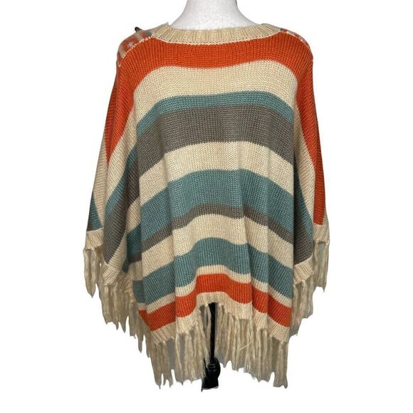 Moon Knitted, Fringed Poncho with Decorative Buttons, Acrylic - Small - Picture 2 of 9